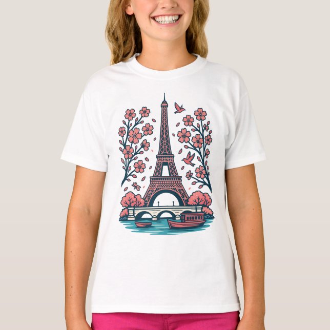 Parisian Souvenir Eiffel Tower Paris Kirschbaum T-Shirt (Vorderseite)