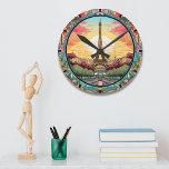 Parisian Sunset Eifel Tower Paris French Floral Runde Wanduhr<br><div class="desc">Bright Parisian Sunset Eifel Tower Paris French France Floral Clocks features an art deco style Paris sunset with the Eifel Tower in a bold floral frame. Created by Evco Studio www.zazzle.com/store/evcostudio</div>