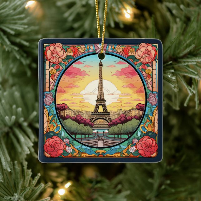 Parisian Sunset Eiffel Tower Paris French Floral Keramikornament (Baum)