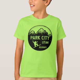 Park City Utah Green Snowboard art boys tee