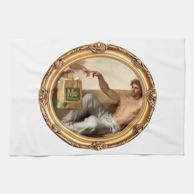 Parodie eines klassischen Gemäldes mit Takeout-Tas Geschirrtuch (Horizontal)