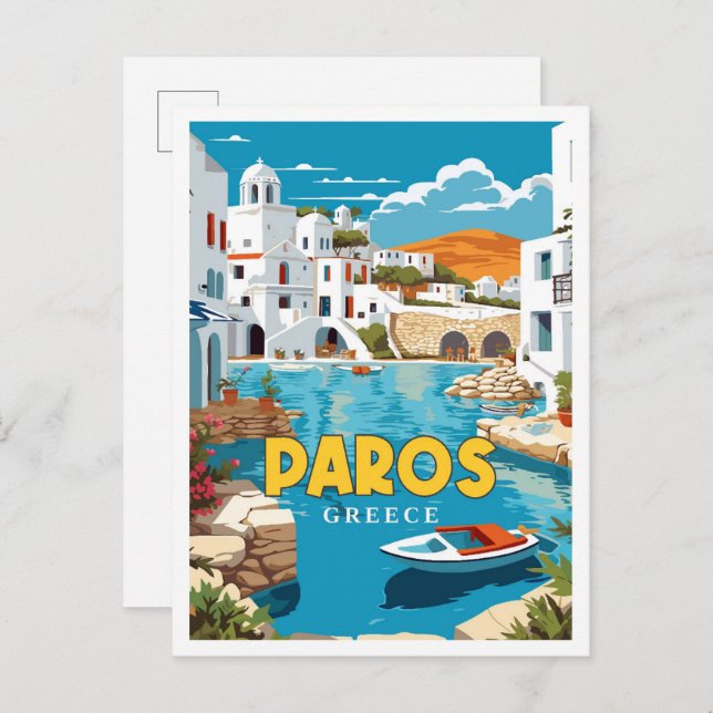 Paros Greece Vintage Reise Illustration Postkarte (Vorne/Hinten)