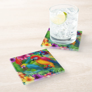 Parrot 3 Birds Tropical Floral Palmes lila Glasuntersetzer