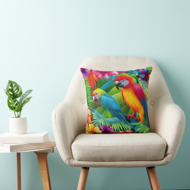 Parrot 3 Birds Tropical Floral Palmes lila Kissen (Stuhl )
