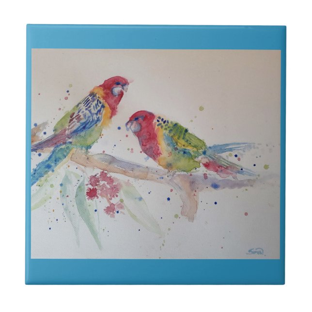 Parrot Art Wasserfarben Malerei Aqua Aquamarin Fliese (Vorderseite)