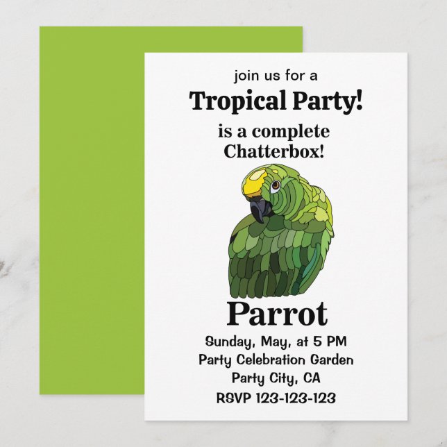 Parrot Bird Chatterbox Funny Tropical Party Einladung (Vorne/Hinten)
