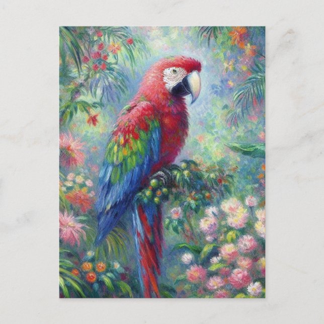 Parrot Bird Jungle Floral Impressionismus Malerei Postkarte (Vorderseite)