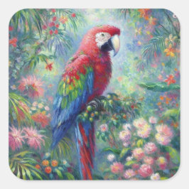 Parrot Bird Jungle Floral Impressionismus Malerei Quadratischer Aufkleber