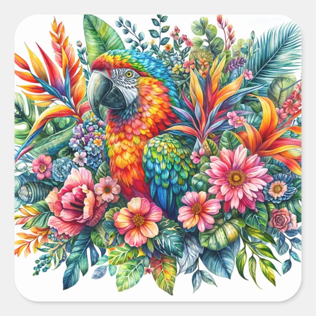 Parrot Botanische Aquarellkunst Quadratischer Aufkleber (Vorderseite)