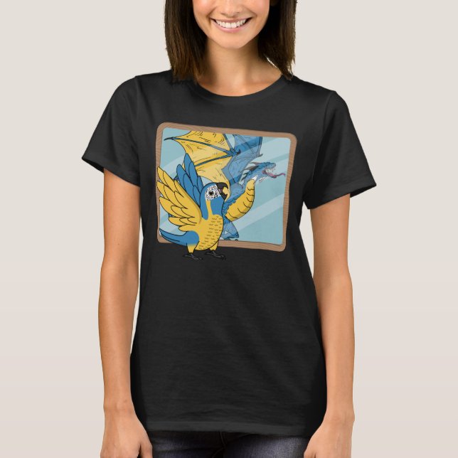 Parrot & Dragon Reflection I Blauer geworfen Maca T-Shirt (Vorderseite)