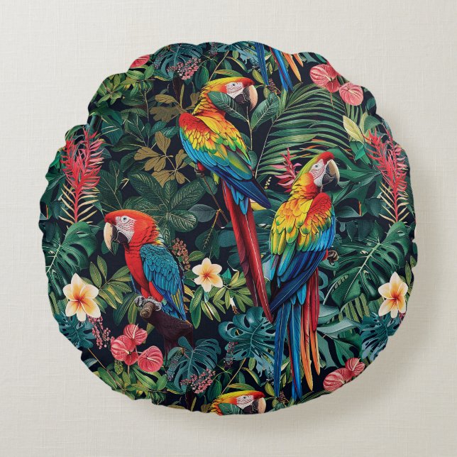 Parrot Jungle Rundes Kissen (Vorderseite)
