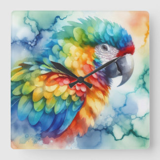 Parrot Watercolor Quadratische Wanduhr