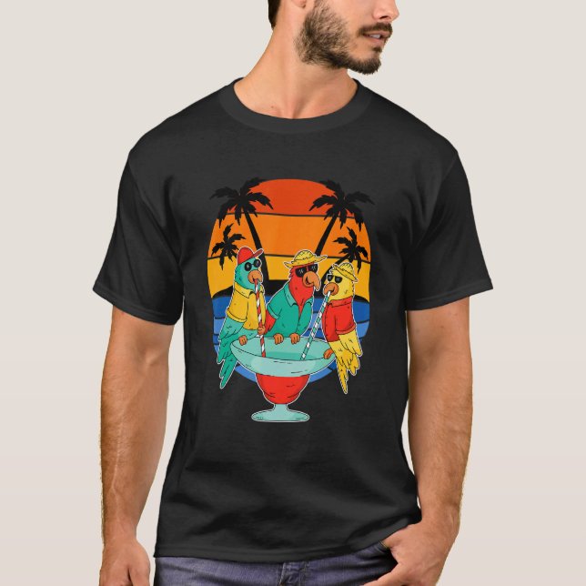 Parrots Drinking Hawaiian Vacation Sunset Palm Tre T-Shirt (Vorderseite)