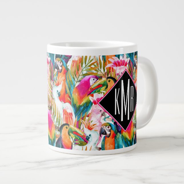 Parrots & Palm Blätter| Monogramm Jumbo-Tasse (Vorderseite Rechts)