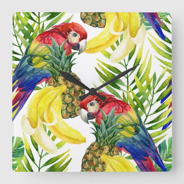 Parrots und Tropical Frucht Quadratische Wanduhr (Vorderseite)