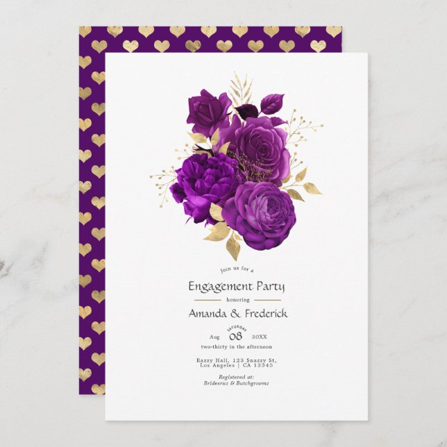 Partei für lila und goldene Blumenarbeit Einladung (Vorne/Hinten)