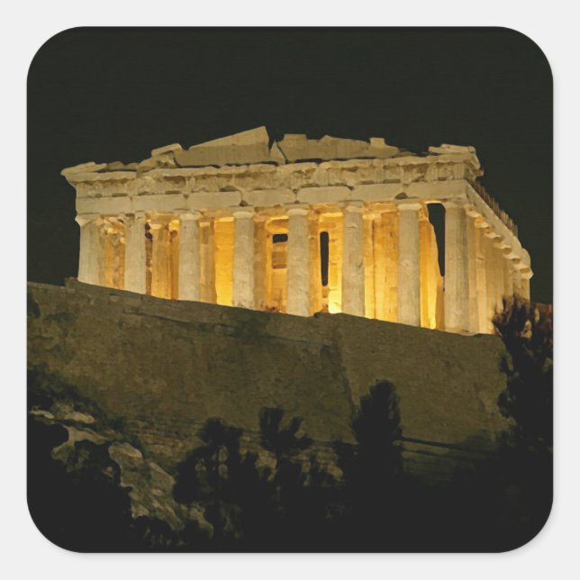 Parthenon am Nachtsticker Quadratischer Aufkleber (Vorderseite)