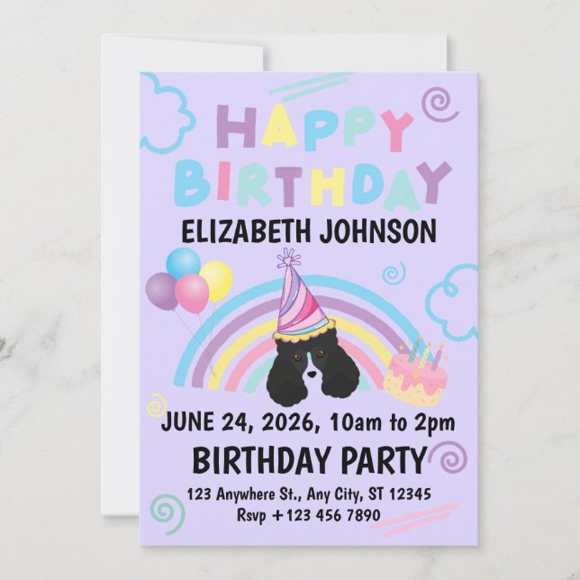 Parti Poodle Birthday Invitation in Purple Einladung (Vorderseite)