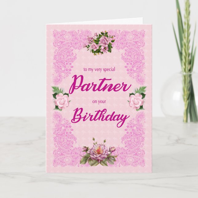 Partner Birthday mit Pink Roses Card Karte (Vorderseite)