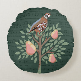Partridge in a pear tree Christmas Carole on green Rundes Kissen
