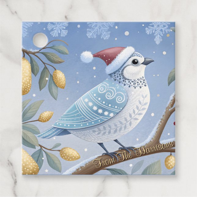 Partridge in einem Birnbaum-Liebesmarken Geschenkanhänger (Vorderseite)