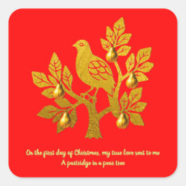 Partridge in einem Birnenbaum Bright Red Gold Weih Quadratischer Aufkleber