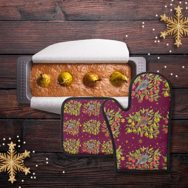 Partridges, Birnen und Schneeflocken bordeauxfarbe Ofenhandschuh & Topflappen-Set (Von Creator hochgeladen)