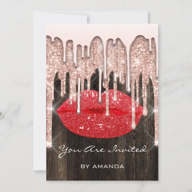 Party 16. Kiss Lips Rose Glitzer Holz. Rot Einladung (Vorderseite)