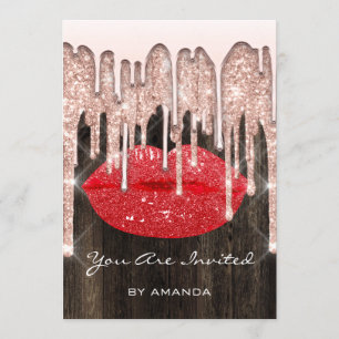 Party 16. Kiss Lips Rose Glitzer Holz. Rot Einladung