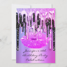 Party 16. Lips Kiss Black Pinky Glitzer Tropfen Einladung
