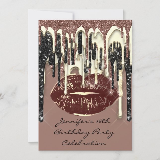 Party 16. Lips Kiss Brown Chocolate Glitzer Tropfe Einladung (Vorderseite)