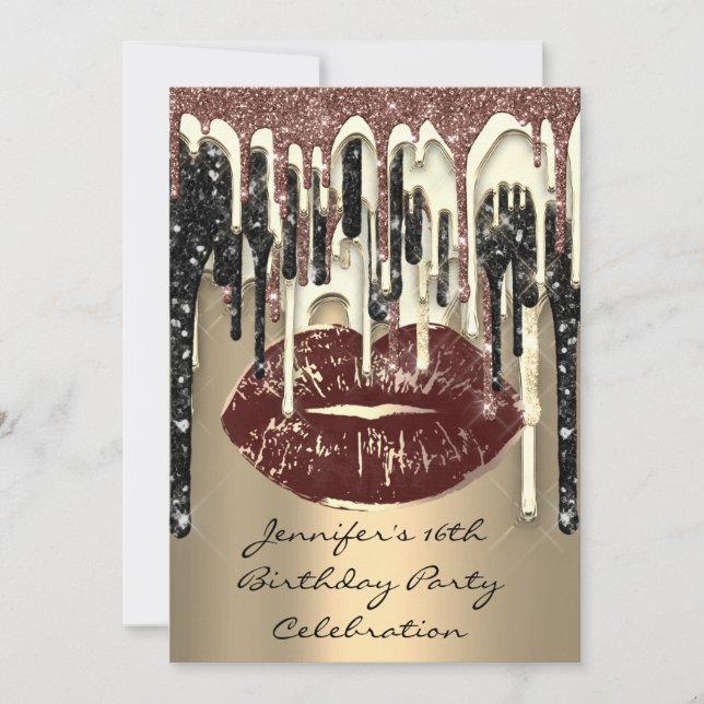 Party 16. Lips Kiss Brown Kaffee Glitzer Tropfen Einladung (Vorderseite)