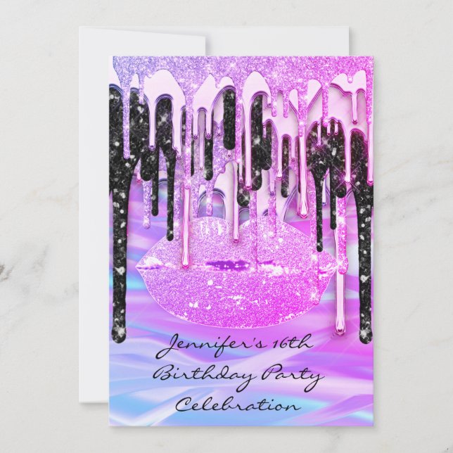 Party 16. Lips Pink Kiss Girly Meerjungfrau Tropfe Einladung (Vorderseite)