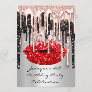 Party 16. Rote Lippen Kiss Rose Glitzer Tropfen Gl Einladung