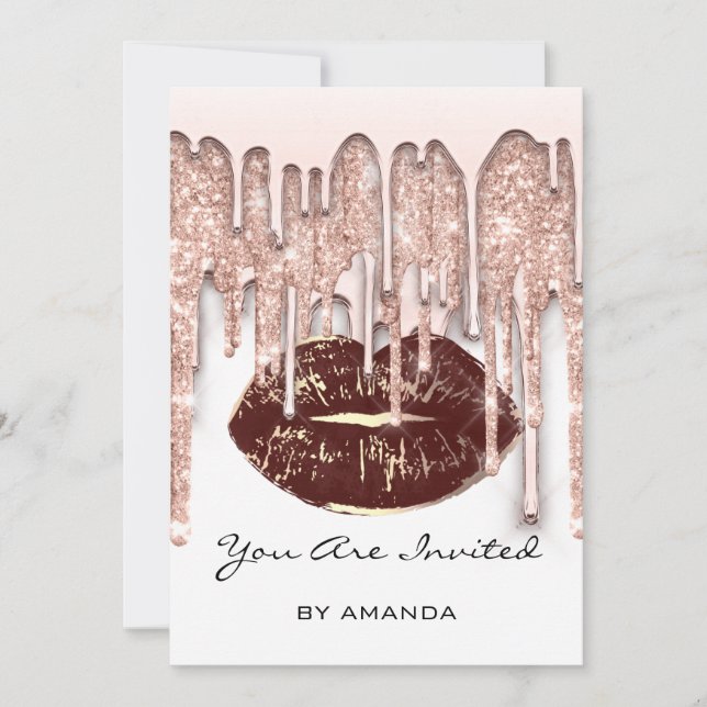 Party 16. Roter Kuss Lips Rose Glitzer Weißbraun Einladung (Vorderseite)