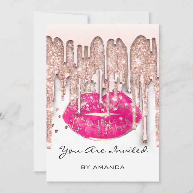 Party 16. Roter Kuss Lips Rose Glitzer Weißer Rosa Einladung (Vorderseite)