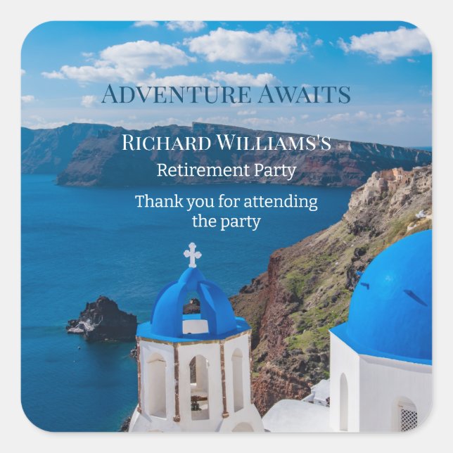 Party Adventure Awaits Griechenland Medit Quadratischer Aufkleber (Vorderseite)