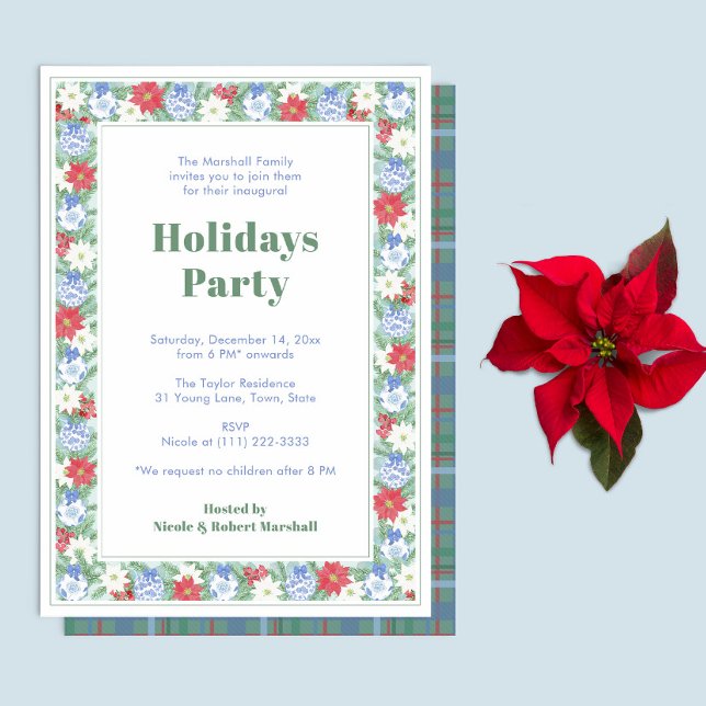 Party an der botanischen Grenze Einladung (Blue White and Red Watercolor Chintz Grandmillenial Holidays Party Invitation)