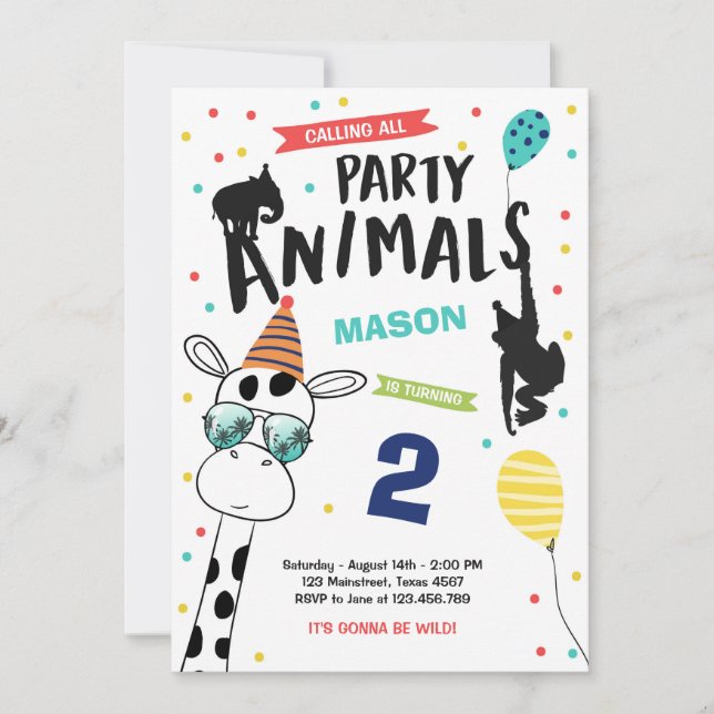Party Animal Birthday Invitation Zoo Wild Black Einladung (Vorderseite)