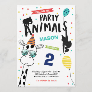Party Animal Birthday Invitation Zoo Wild Black Einladung