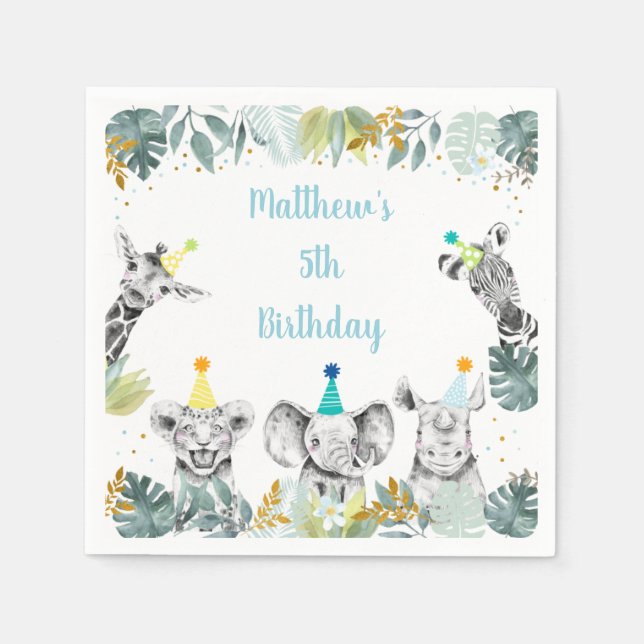Party Animal Blue Gold Safari Geburtstag Serviette (Vorderseite)