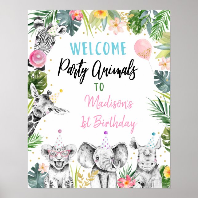 Party Animal Pink Gold Tropischer Geburtstag Willk Poster (Vorne)