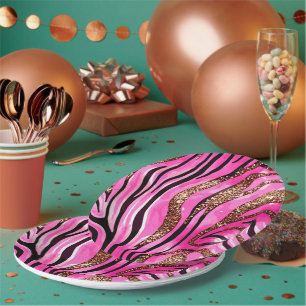 Party Animal Tiger Print Paper Cup, rosa Glitzer Pappteller
