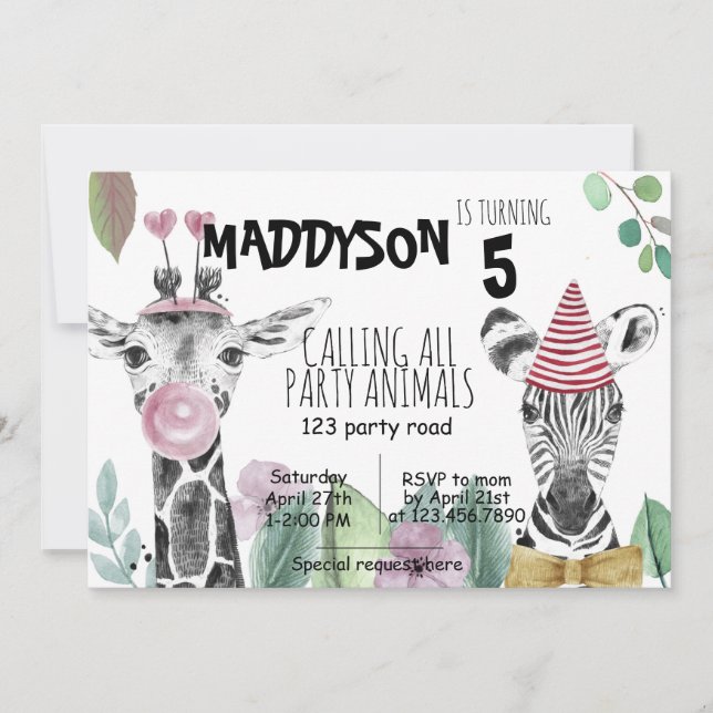 PARTY ANIMAL|Watercolor|Safari| KINDER INVITATION Einladung (Vorderseite)