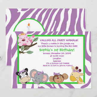 PARTY ANIMALS Baby Girl 1. Geburtstag Jungle 12x18 Einladung