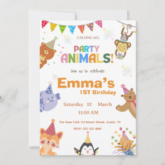 Party Animals First Birthday Invitation  Einladung