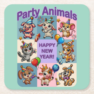 Party Animals "Frohes Neues Jahr" Rechteckiger Pappuntersetzer
