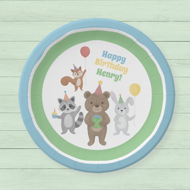 Party Animals Geburtstag Pappteller (Forest animals custom paper plate for a birthday party. Cute party animals and editable text.)