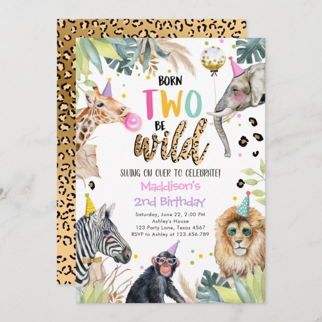 Party Animals Girl Safari 2. Geburtstag Einladung (Vorne/Hinten)