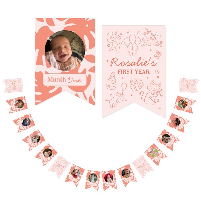 Party Animals Mädchen Erster Geburtstag Foto Colla Wimpelkette (Jungle Party Animals First Year Photo Collage Banner)